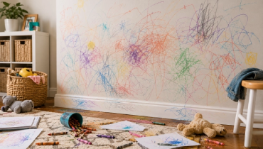 Colorful crayon drawings covering a painted wall in a child's playroom with scattered crayons, artwork, and toys creating a messy scene.