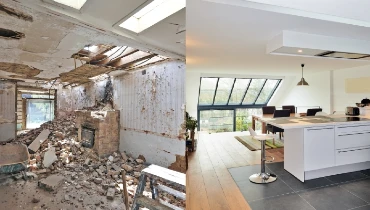On the left, a gutted room with debris on the floor; on the right, the renovated, furnished dining room and kitchen